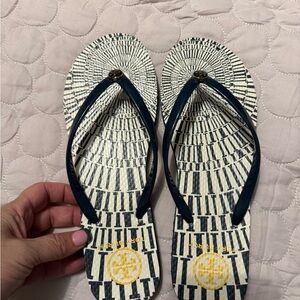 Tory Burch Navy and White Flip Flops